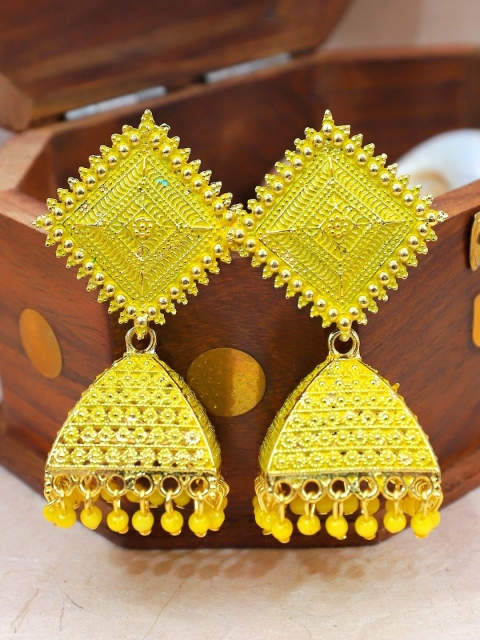 

Crunchy Fashion Yellow & Gold-Toned Square Jhumkas Earrings