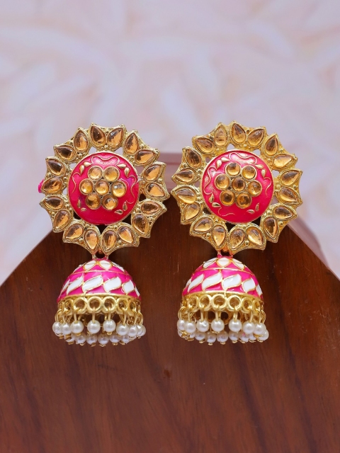 

Crunchy Fashion Pink & Gold-Toned Meenakari Floral Dome Shaped Jhumkas Earrings