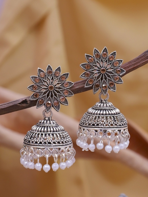 

Crunchy Fashion White & Silver-Plated Floral Jhumkas Earrings