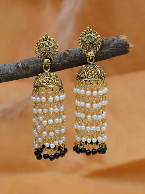 

Crunchy Fashion Gold-Toned & White Contemporary Jhumkas Earrings