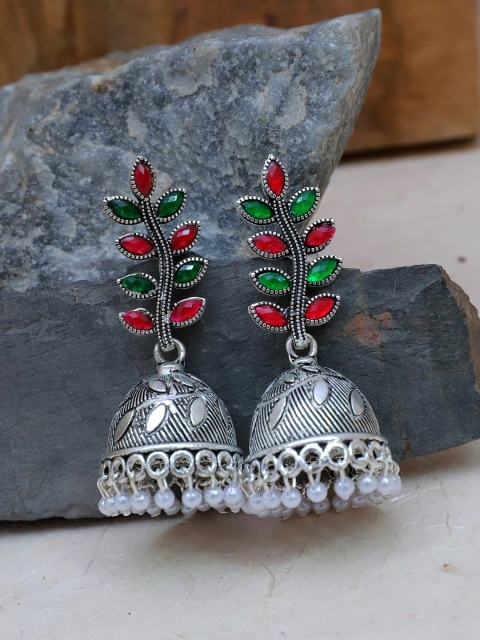 

Crunchy Fashion Pink Silver-Plated Dome Shaped Jhumkas Earrings