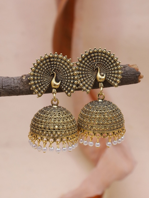 

Crunchy Fashion Gold-Toned Peacock Shaped Jhumkas Earrings