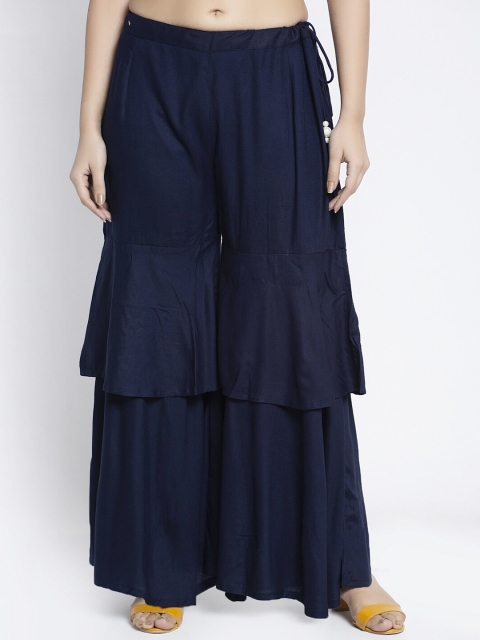 GRACIT Women Navy Blue Flared Ethnic Layered Palazzos