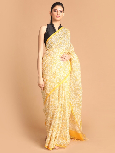 

Indethnic Women Yellow Printed Cotton Blend Saree