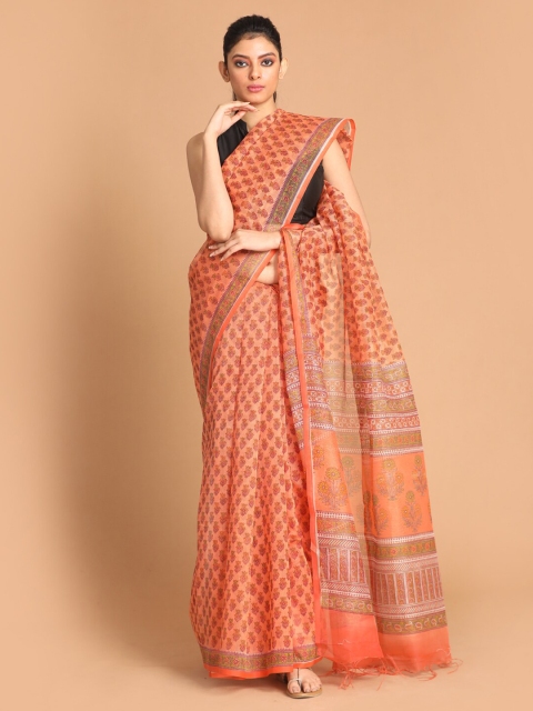 

Indethnic Coral & Green Ethnic Motifs Supernet Saree