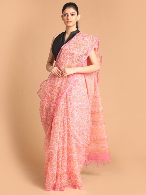 

Indethnic Peach-Coloured & White Floral Supernet Saree