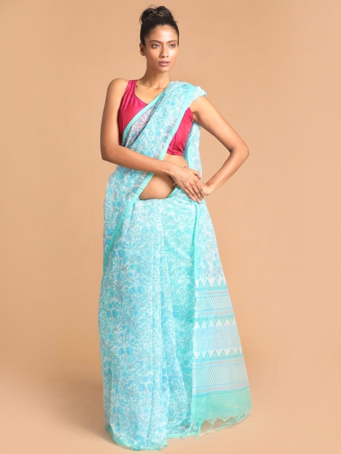 

Indethnic Blue & White Poly Cotton Supernet Saree