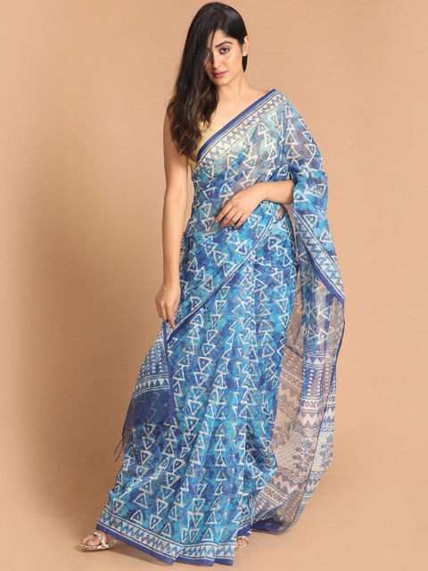 

Indethnic Blue & White Ethnic Motifs Supernet Saree