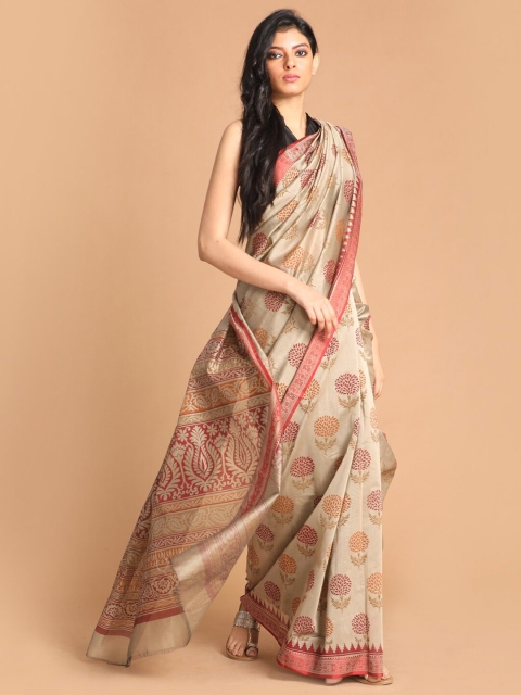 

Indethnic Women Maroon Printed Cotton Blend Saree