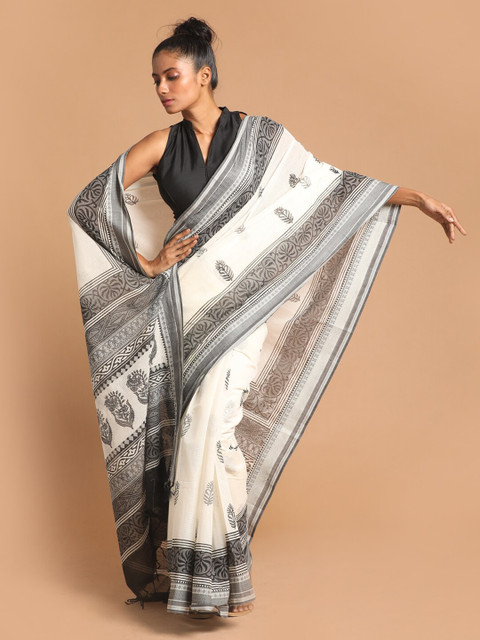 

Indethnic White & Black Ethnic Motifs Pure Cotton Block Print Saree
