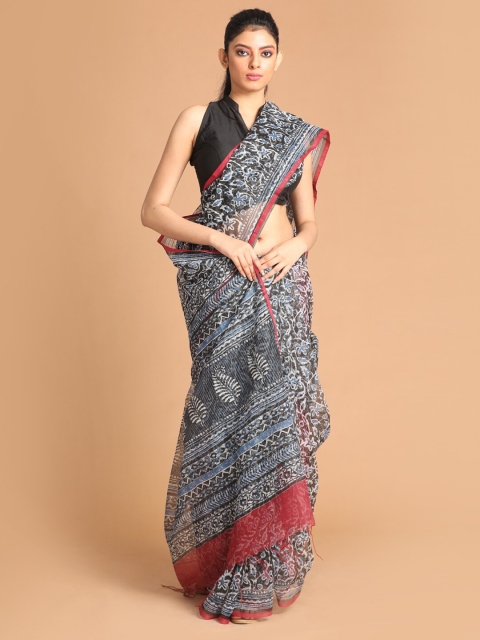 

Indethnic Black & White Supernet Block Print Saree
