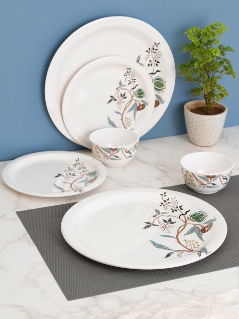 

LIVING ROOTS White & Green Pieces Floral Printed Melamine Glossy Dinner Set