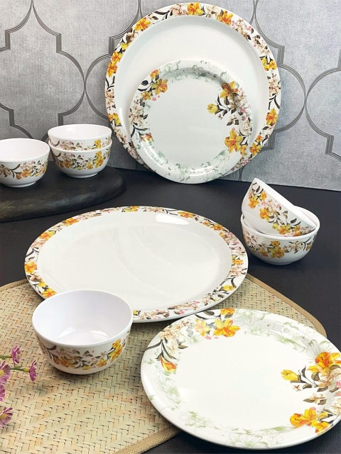 

LIVING ROOTS White & Yellow 18 Pieces Floral Printed Melamine Glossy Dinner Set
