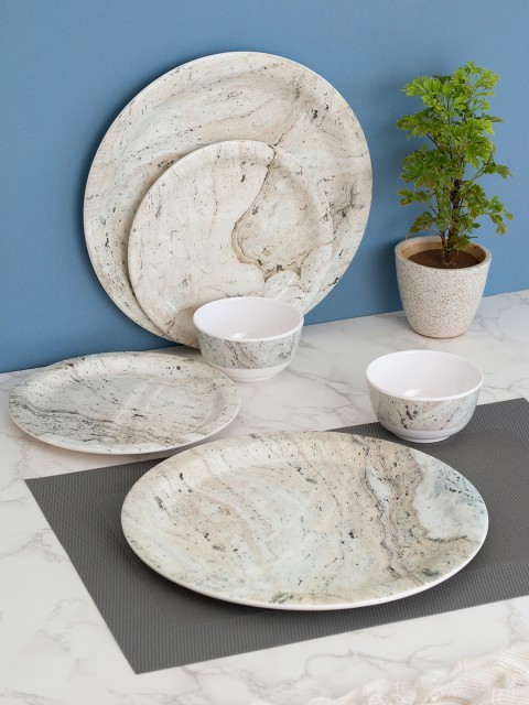 

LIVING ROOTS White & Brown 18 Pieces Floral Printed Melamine Glossy Dinner Set