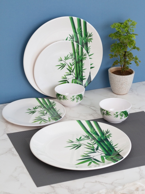 

LIVING ROOTS White & Green 18 Pcs Floral Printed Melamine Glossy Dinner Set