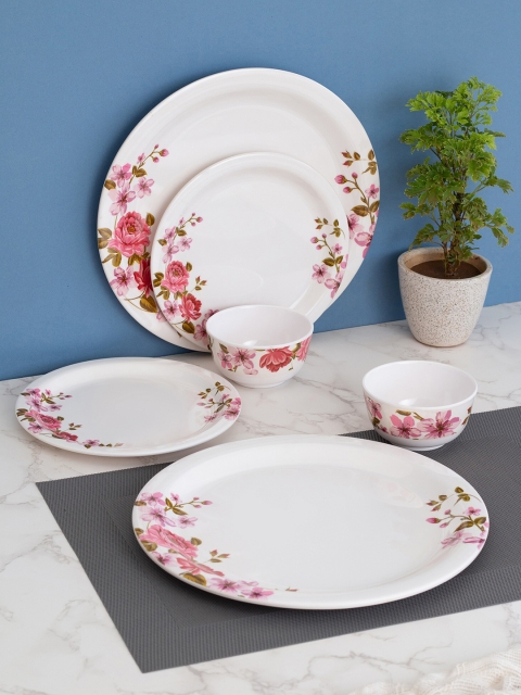 

LIVING ROOTS White & Pink Floral Printed Melamine Glossy Dinner Set-18 Pieces