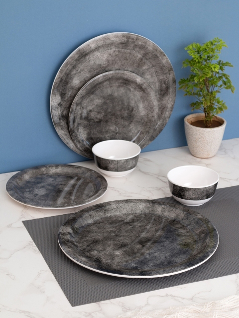 

LIVING ROOTS Charcoal & White 18 Pieces Floral Printed Melamine Matte Dinner Set