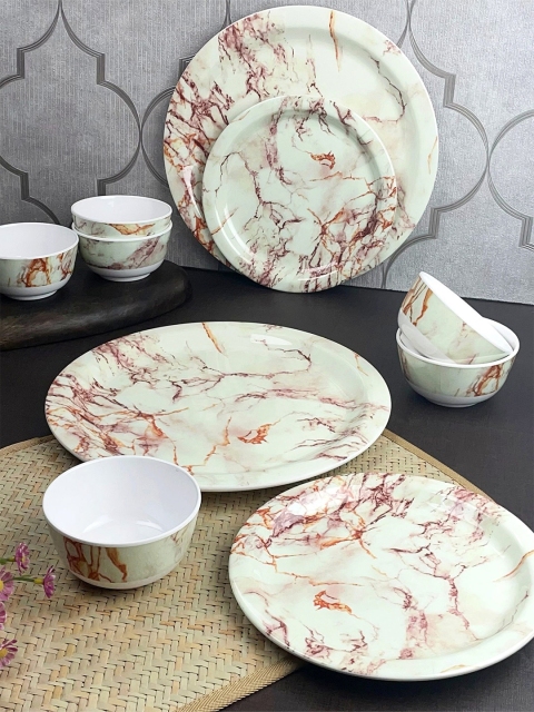 

LIVING ROOTS White & Orange Pieces Printed Melamine Glossy 18 Pcs Dinner Set