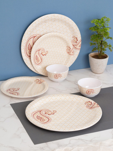 

LIVING ROOTS Set Of 18 Beige & Pink Pieces Floral Printed Melamine Glossy Dinner Set
