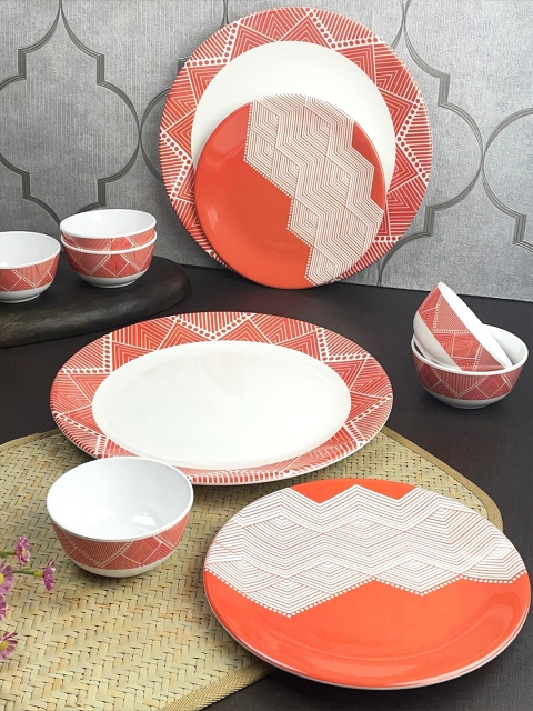 

LIVING ROOTS Orange & White Set Of 18 Pieces Geometric Printed Melamine Glossy Dinner Set