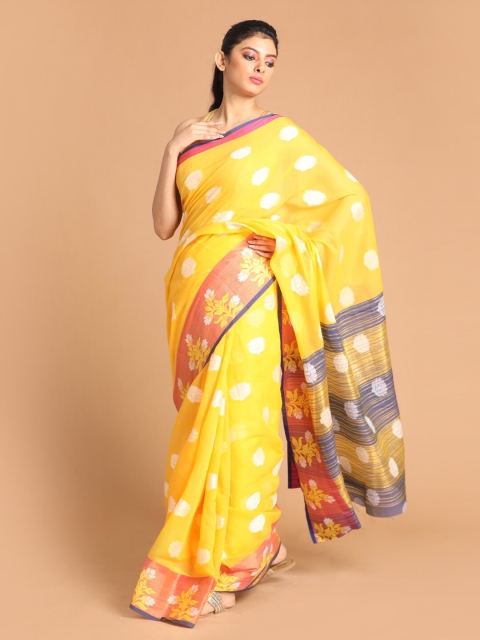 

Indethnic Yellow & Blue Floral Zari Saree