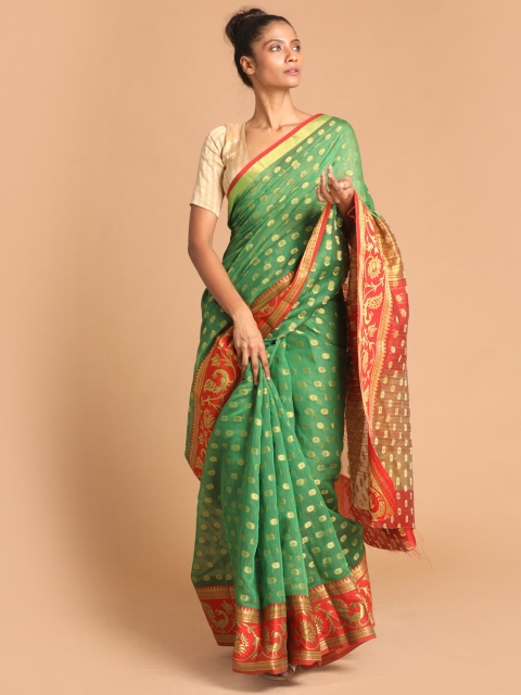 

Indethnic Green & Red Ethnic Motifs Zari Saree