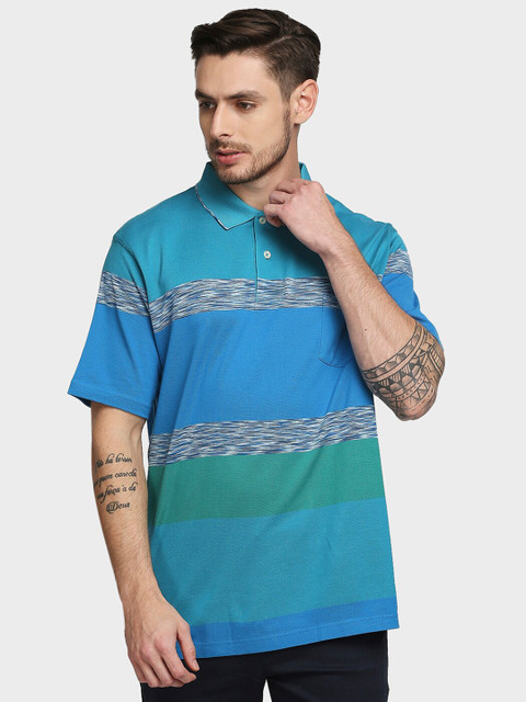 

ColorPlus Men Blue Striped Polo Collar T-shirt