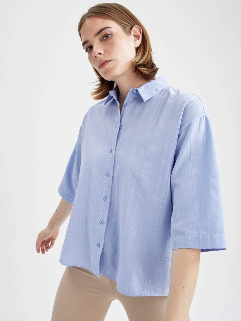 

DeFacto Women Blue Pure Cotton Striped Casual Shirt