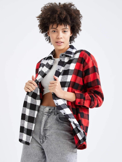 

DeFacto Women Red & Black Flannel Buffalo Checks Oversize Fit Winter Casual Shirt