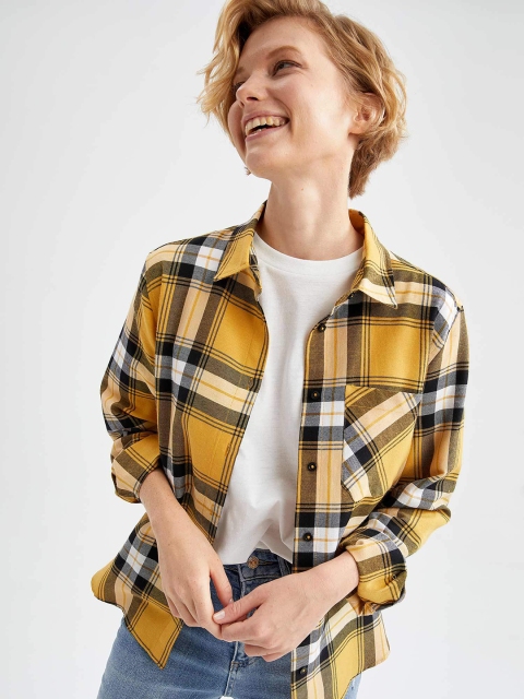 

DeFacto Women Yellow & Black Windowpane Checked Casual Shirt