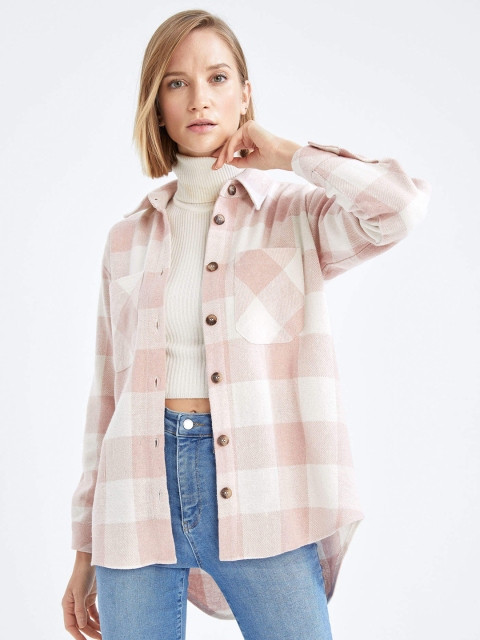 

DeFacto Women Pink & White Flannel Buffalo Checks Oversize Fit Winter Casual Shirt