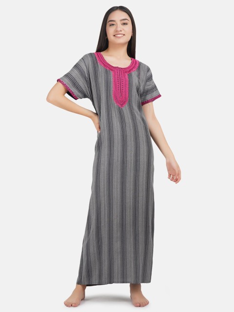 

KOI SLEEPWEAR Grey & Black Striped Maxi Nightdress