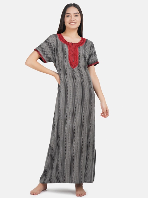 

KOI SLEEPWEAR Women Grey & Red Embroidered Nightdress
