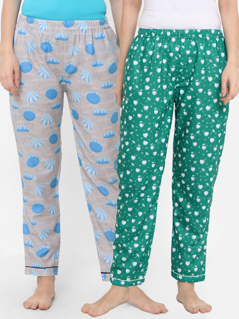 

FashionRack Women Green & Cream Pack of 2 Cotton Printed Pyjamas
