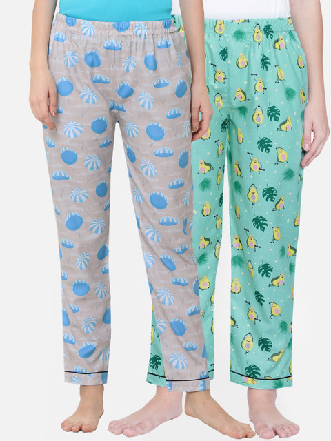 

FashionRack Women Green & Cream Pack of 2 Cotton Printed Pyjamas