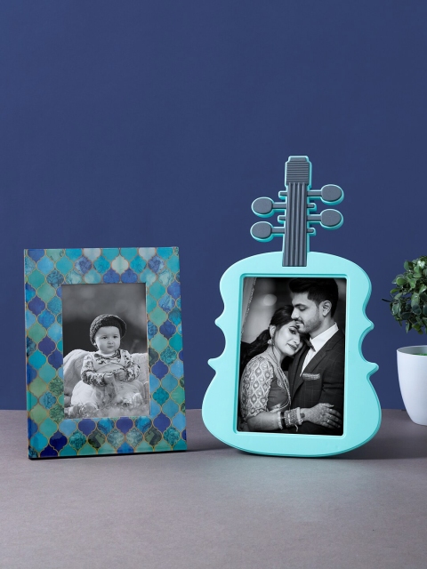 

Golden Peacock Set Of 2 Wooden Guitar & Square-Shaped Table Photo Frames, Blue