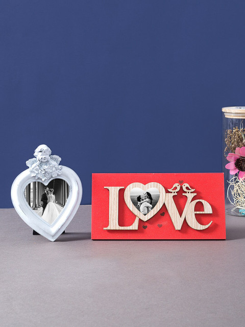 

Golden Peacock Set Of 2 Heart-Shaped Wooden Table Photo Frame, Red