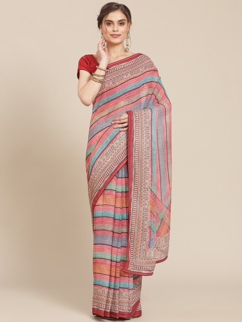 

Meena Bazaar Maroon & Blue Striped Sequinned Chanderi Saree