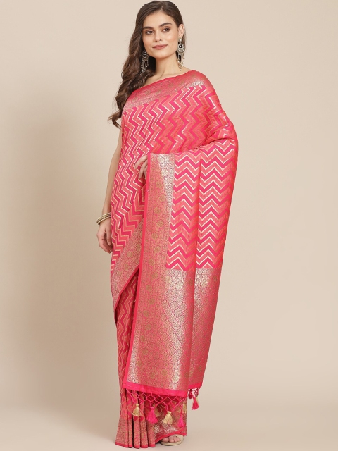 

Meena Bazaar Fuchsia & Gold-Toned Woven Design Zardozi Silk Blend Banarasi Saree