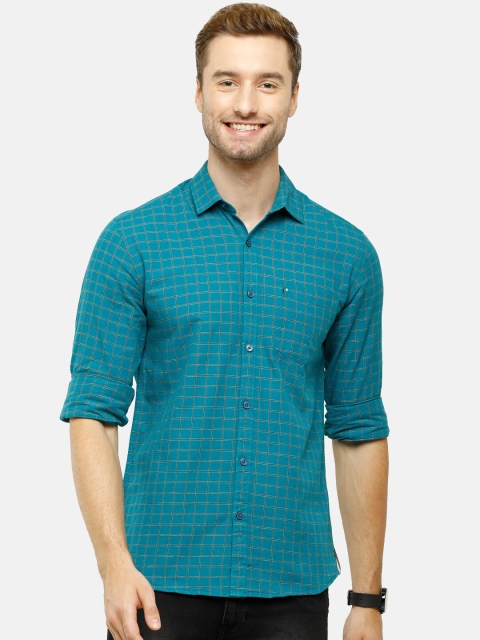 

CAVALLO by Linen Club Men Turquoise Blue Grid Tattersall Checks Checked Casual Shirt