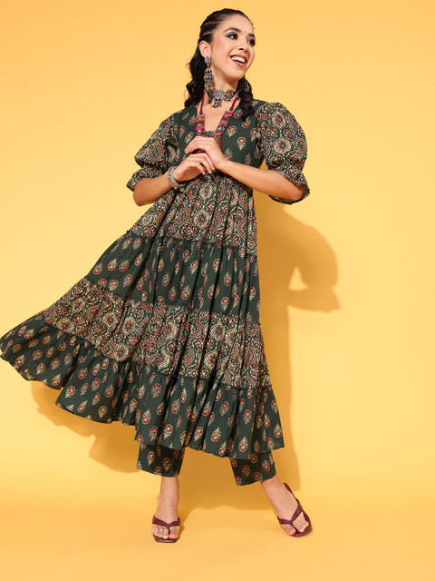 

anayna Women Ethnic Motifs Pure Cotton Swirling Volume Kurta Set, Green
