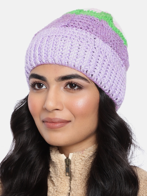 

Magic Needles Women Purple & Green Woollen Colourblocked Cable Crochet Beanie