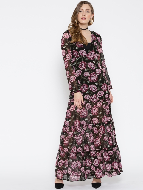 

FOREVER 21 Women Black & Lavender Printed Sheer Maxi Dress