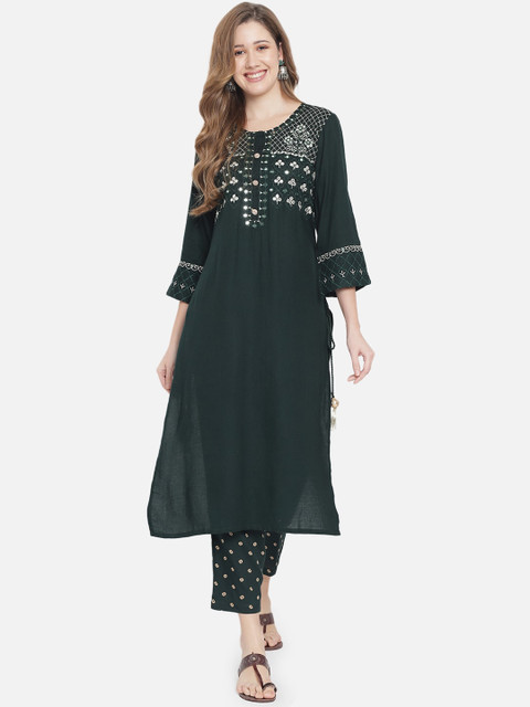 

AKIMIA Women Green Floral Embroidered Mirror Work Kurta with Trousers