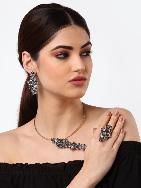 

Arrabi Oxidised Silver-Toned & White Stone-Studded Jewellery Set