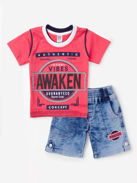 

Hopscotch Boys Coral Pink & Blue Printed T-shirt with Shorts