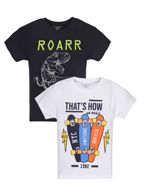 

PLUM TREE Boys Pack Of 2 Black & White Printed Pure Cotton T-Shirts