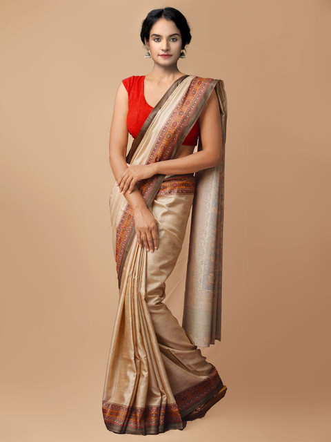 

Unnati Silks Brown & Orange Ethnic Motifs Block Print Saree