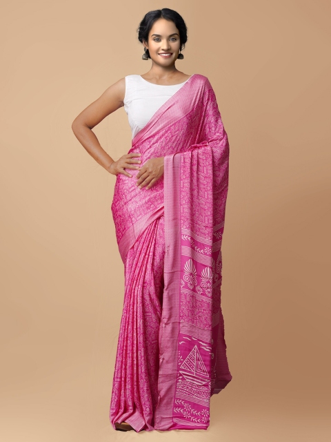 

Unnati Silks Pink & White Ethnic Motifs Printed Patola Saree