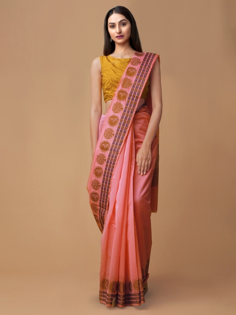 

Unnati Silks Peach-Coloured & Green Silk Cotton Banarasi Saree
